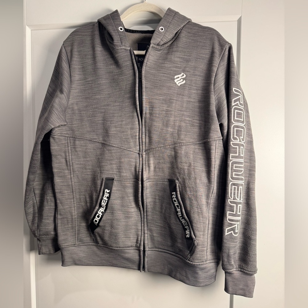 Rocawear Black and Gray Full zip Hoodie Y2K street wear